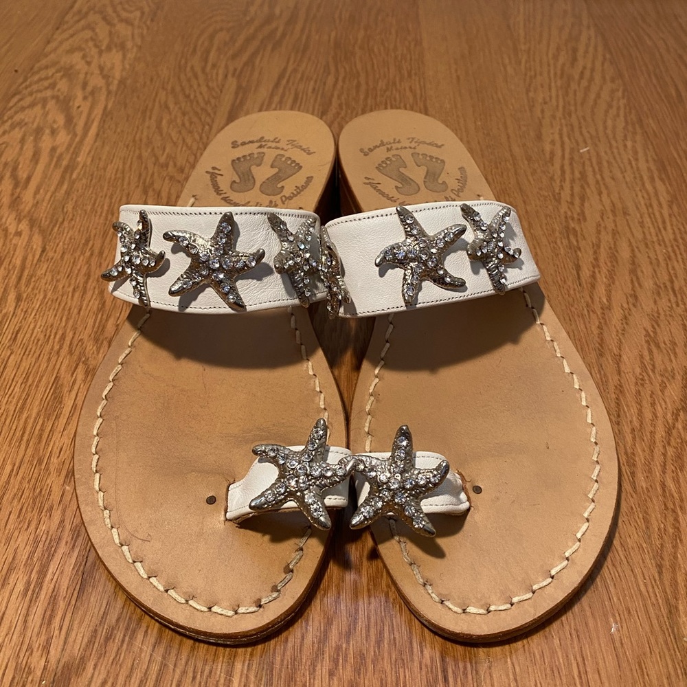 White Leather Sandals with Bejeweled Starfish